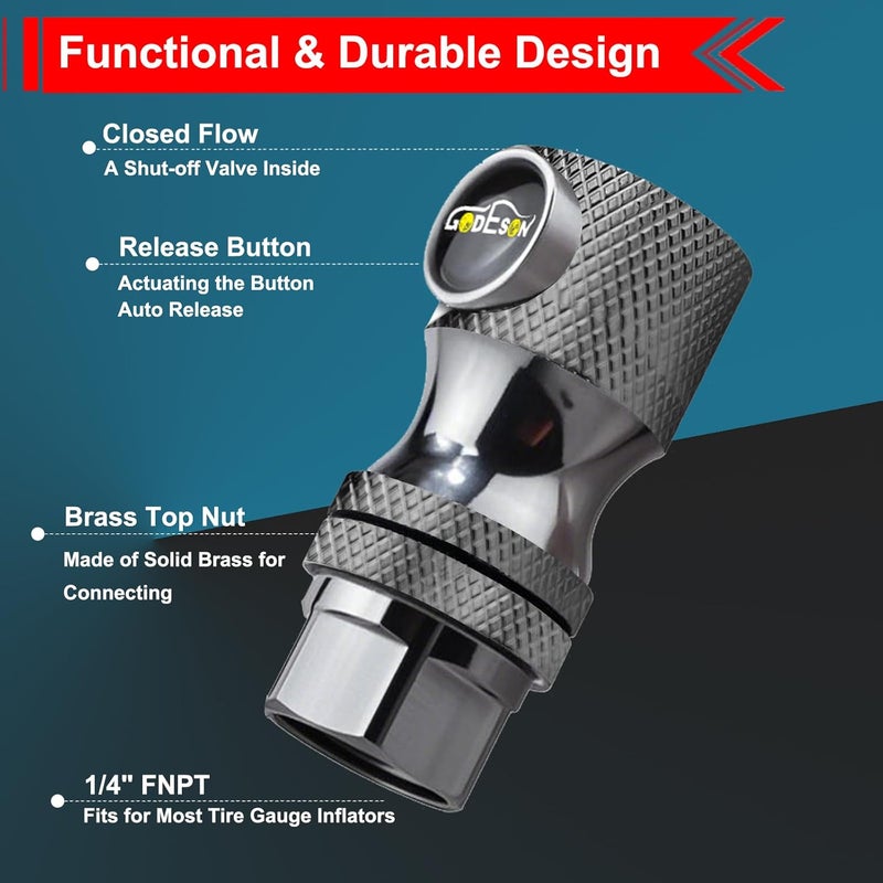 GODESON Locking Air Chuck - Patented Design, 200 PSI, Solid Brass Construction(200PSI), Quick Release for Tires, Close Flow 1/4" NPT Threads Tire Chucks Compatible with Most Air Inflators (Pack of 2) - Image 4